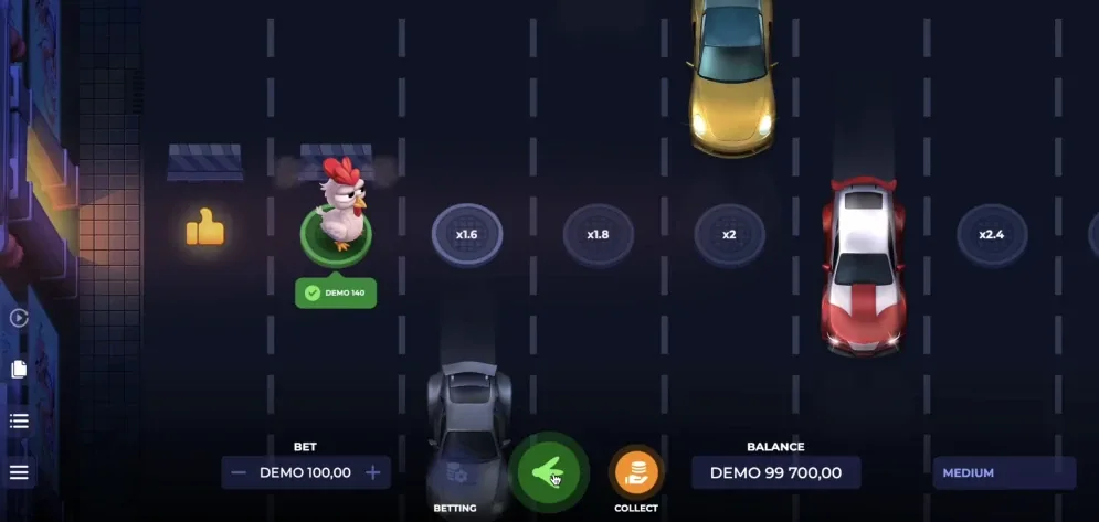 Partida de Uncrossable Rush: Eggwina en la plataforma verde, autos y casillas de multiplicador en la autopista nocturna